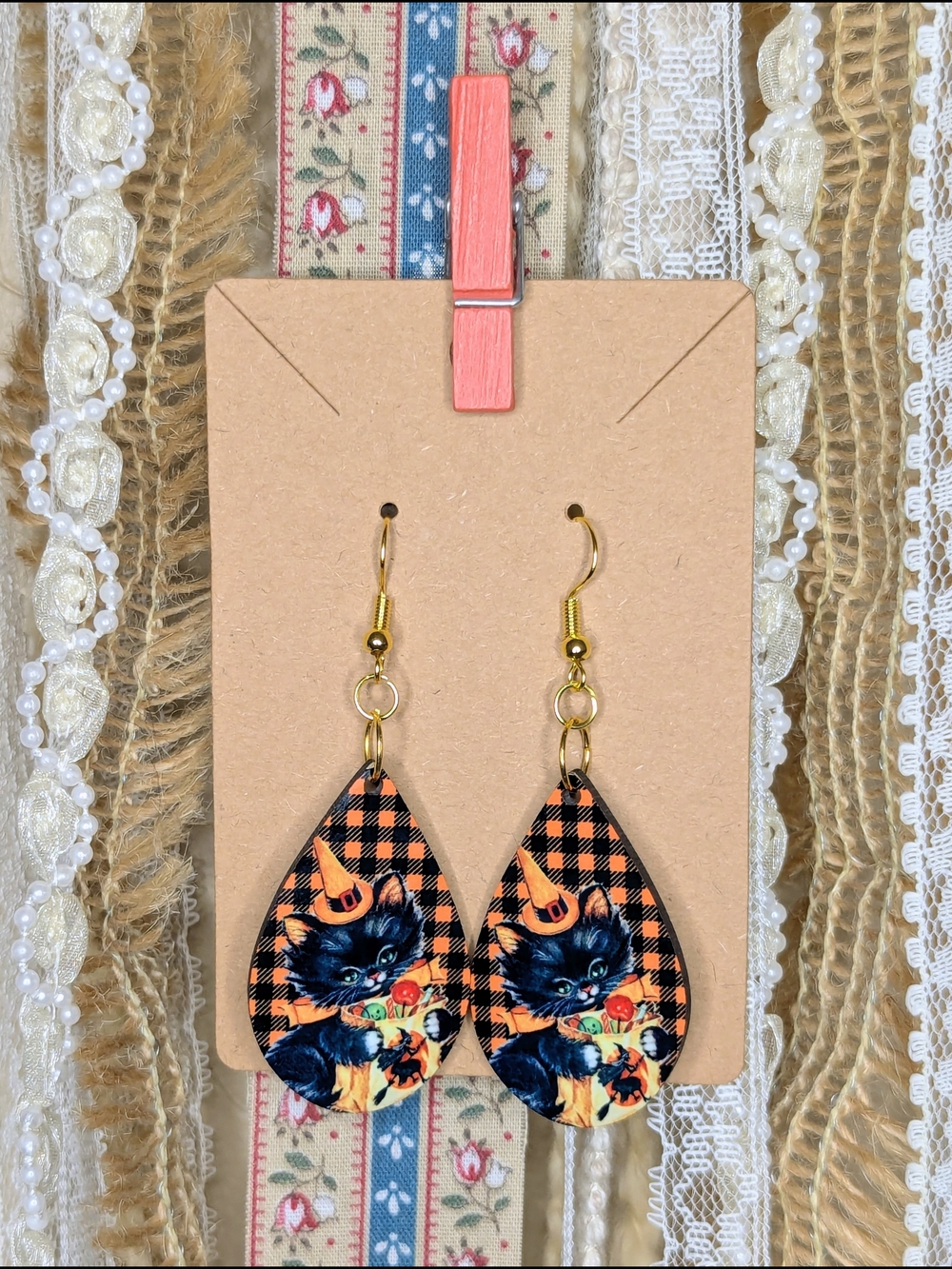 Halloween Black Cat Teardrop Earrings in Orange Plaid - Sublimation